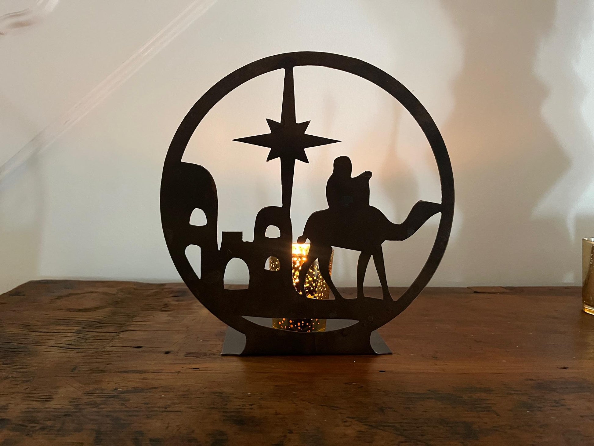 Nativity Circle Christmas Table Decor Rustic Metal Nativity Scene Holiday Decor 10" Tall, Candle Not Included