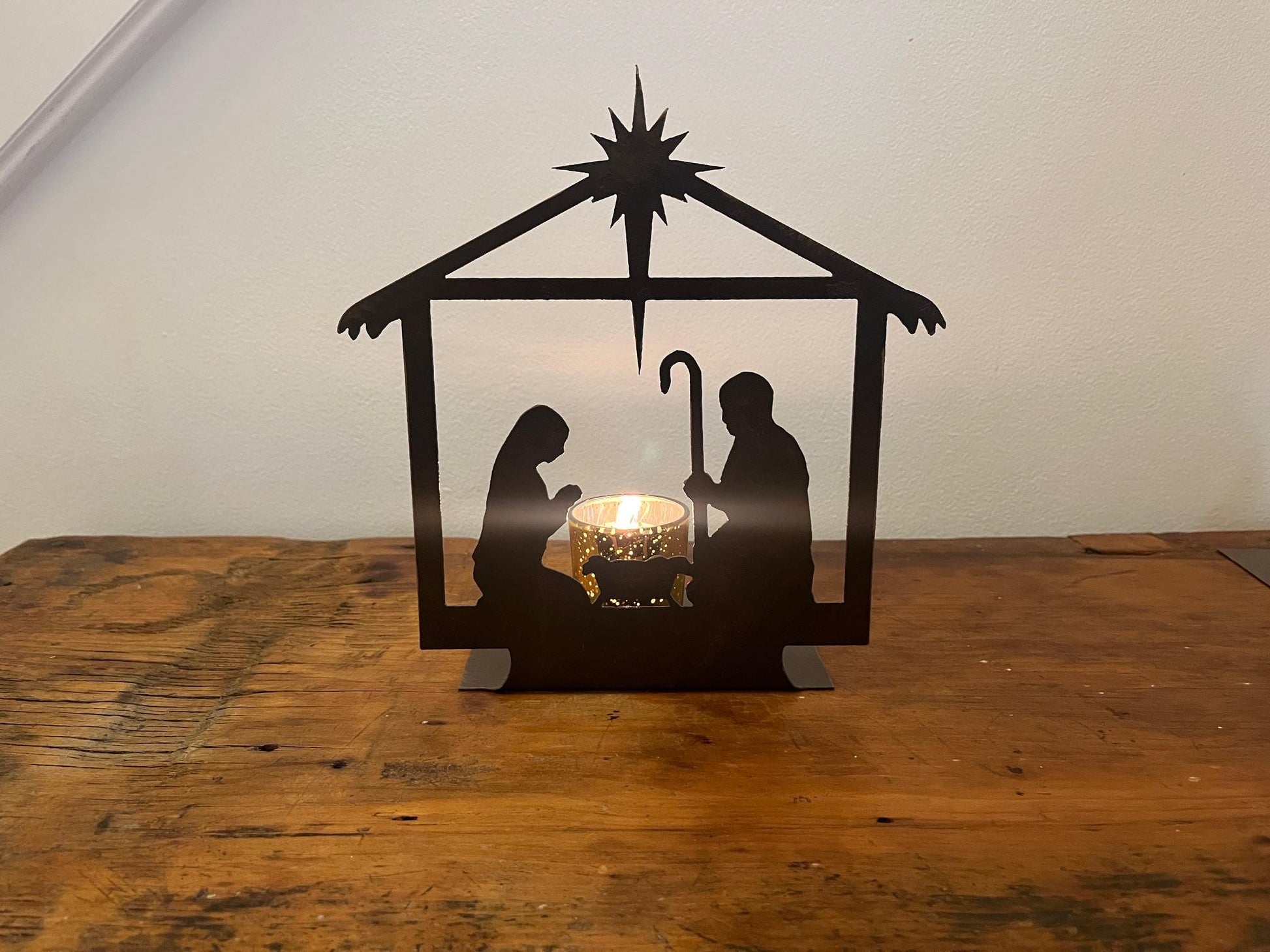 Rustic Metal Nativity Scene Holiday Decor. Christmas Table Decor. 9" Tall, Candle Not Included