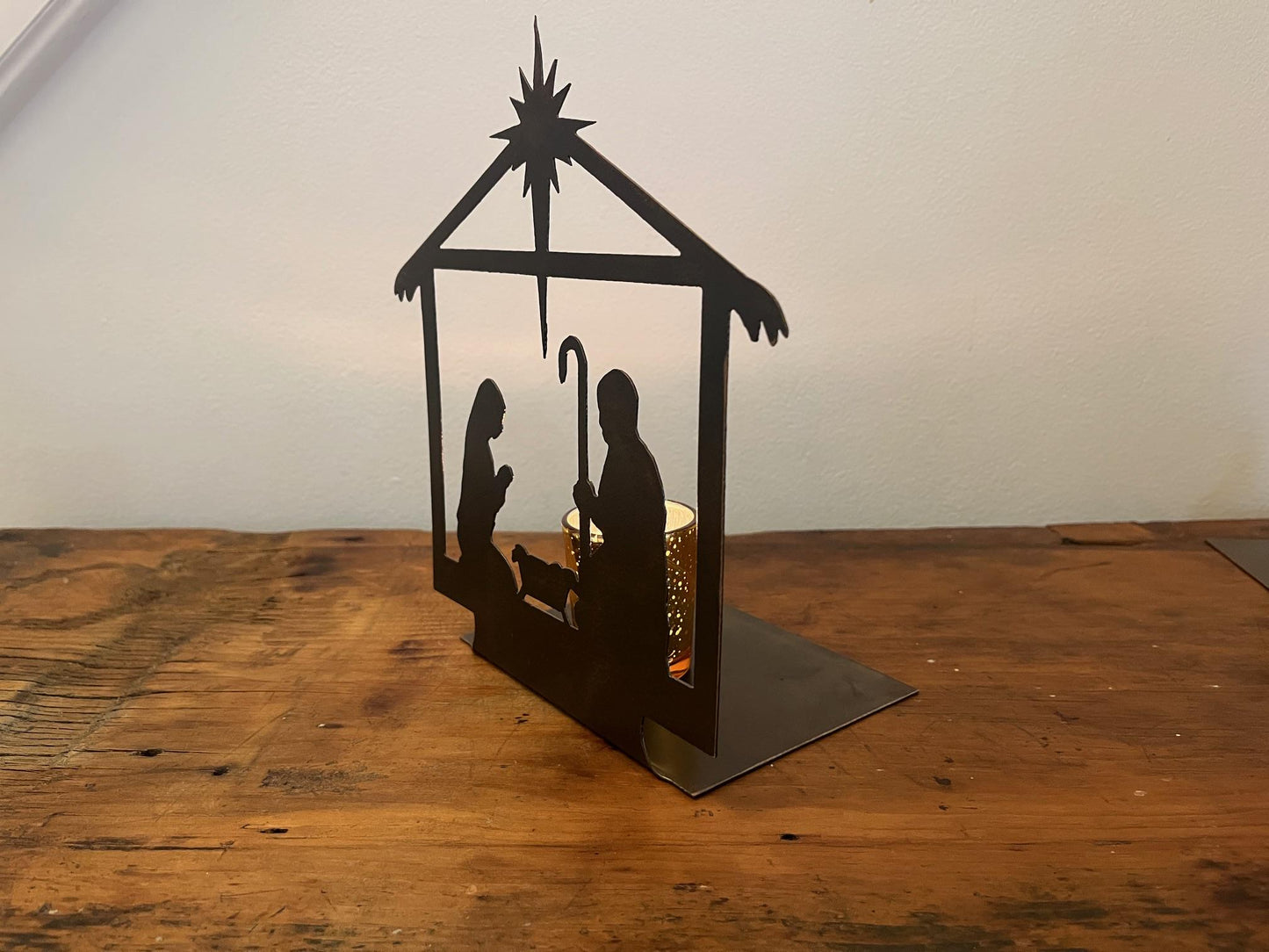 Rustic Metal Nativity Scene Holiday Decor. Christmas Table Decor. 9" Tall, Candle Not Included