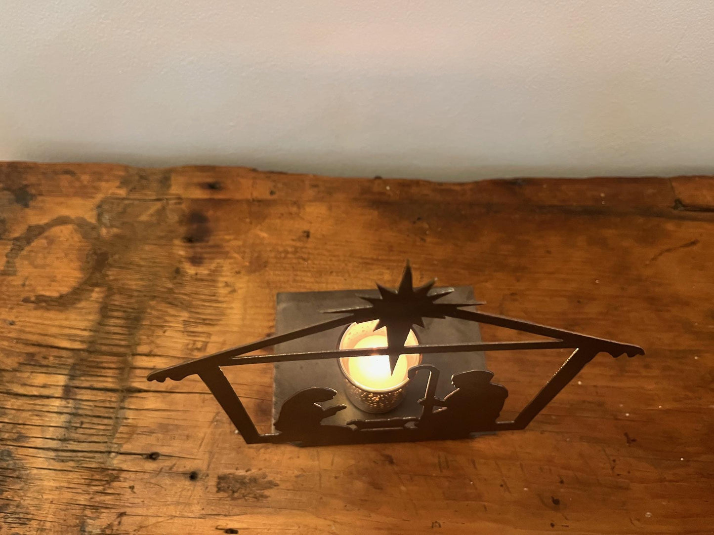 Rustic Metal Nativity Scene Holiday Decor. Christmas Table Decor. 9" Tall, Candle Not Included
