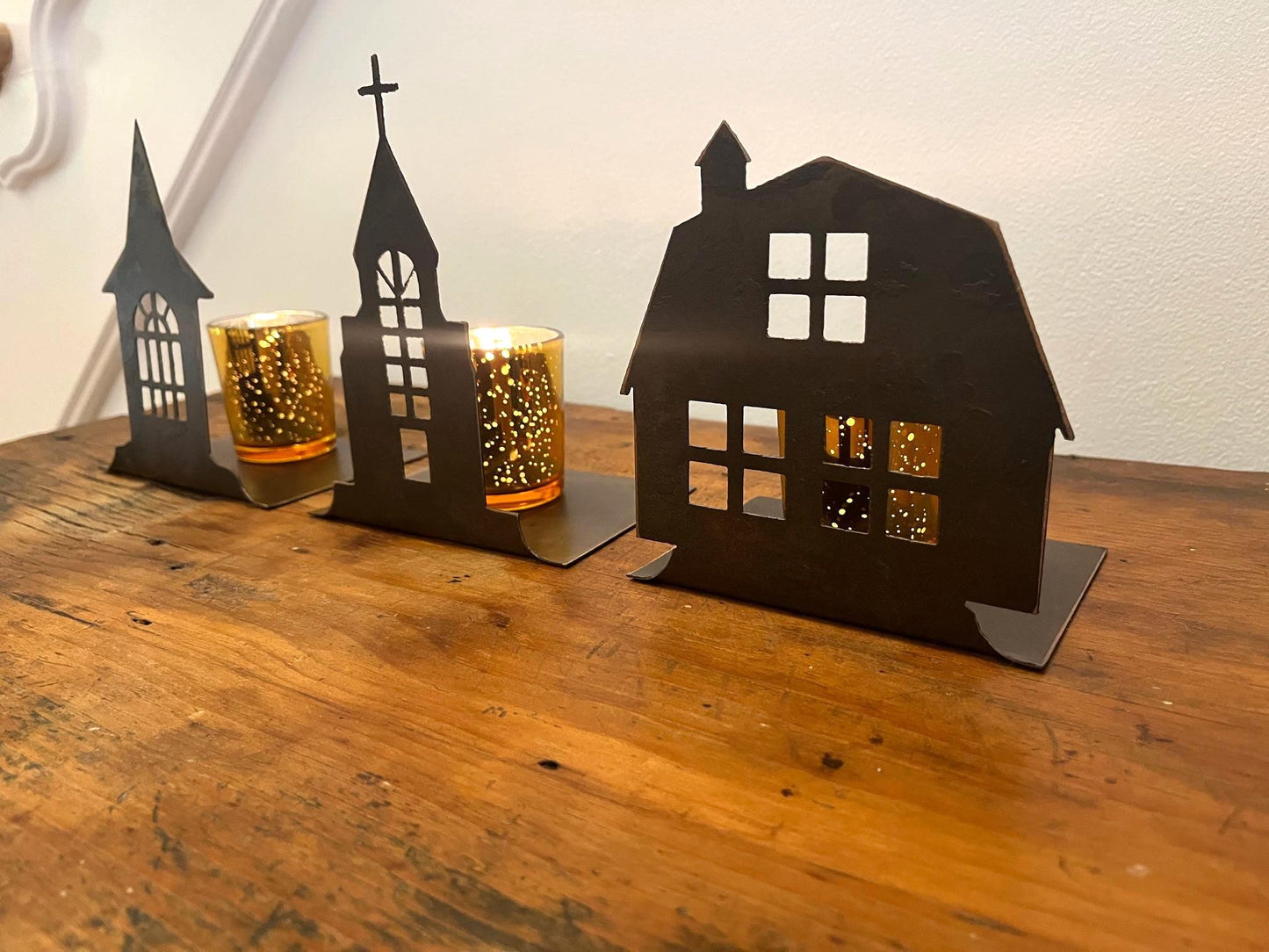 Christmas Village Metal Holiday Decor. Christmas Table Decor. 9" Tall, Candles Not Included. Can be Purchased Individually or as a Set