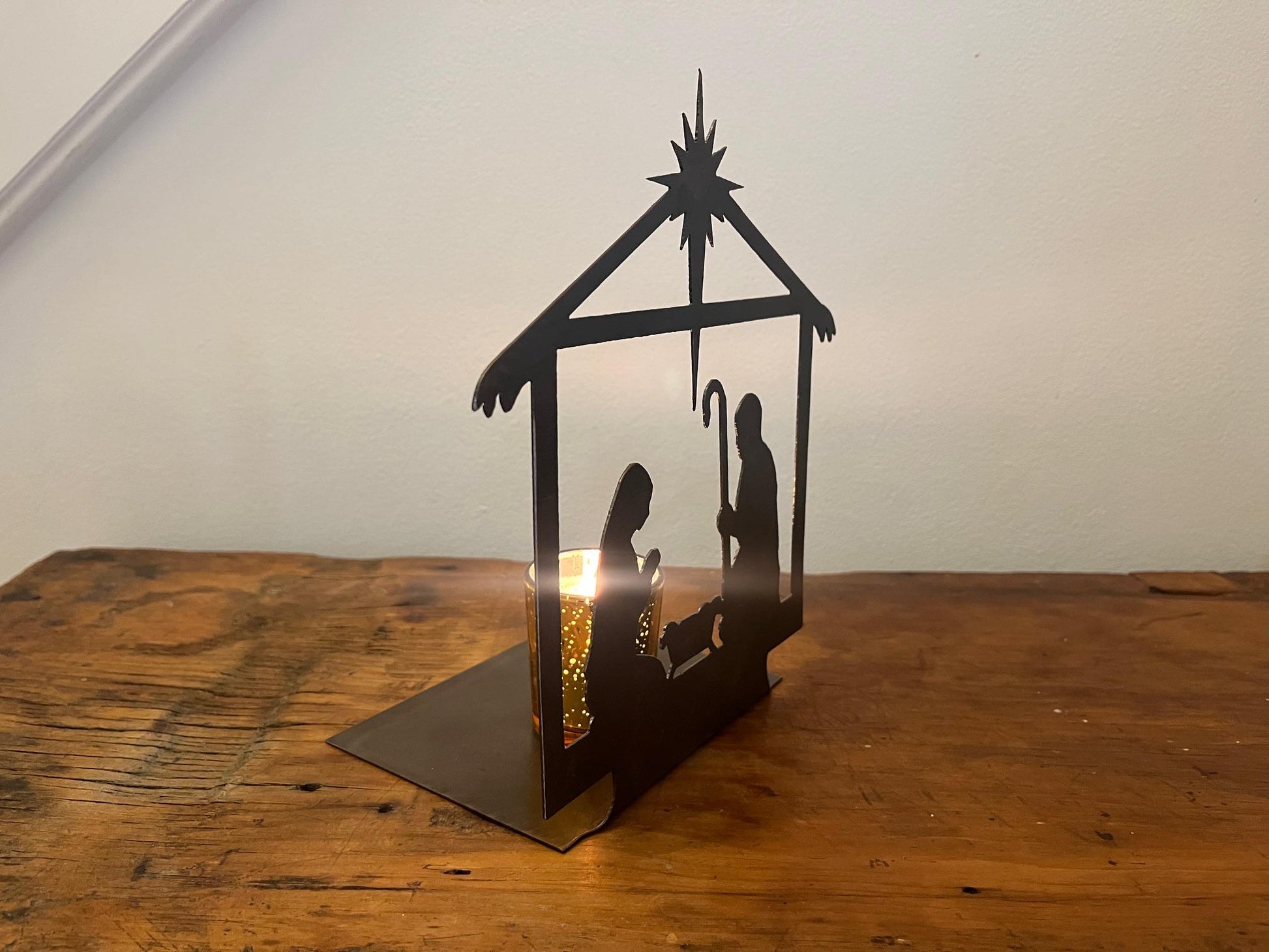 Rustic Metal Nativity Scene Holiday Decor. Christmas Table Decor. 9" Tall, Candle Not Included