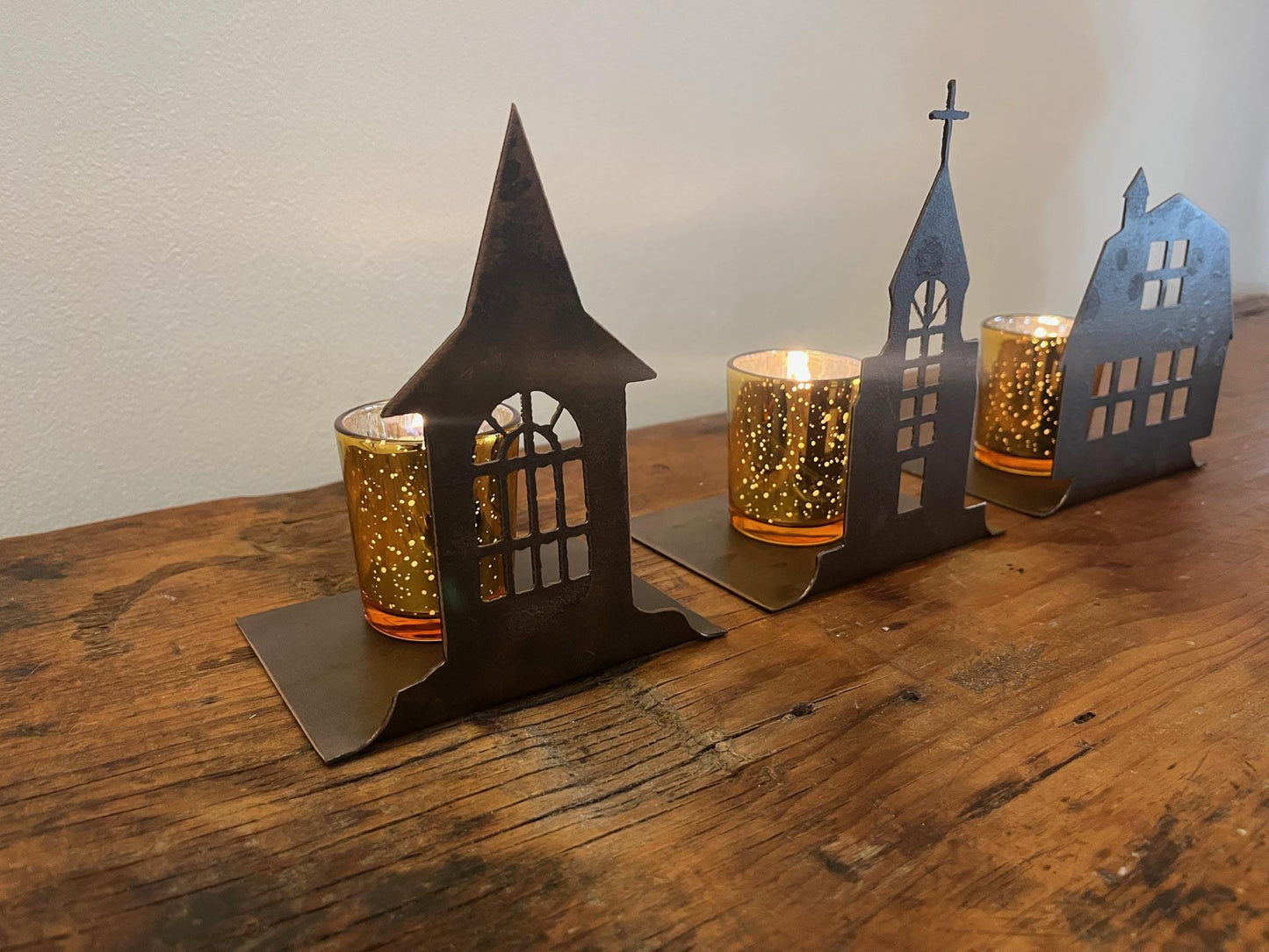 Christmas Village Metal Holiday Decor. Christmas Table Decor. 9" Tall, Candles Not Included. Can be Purchased Individually or as a Set