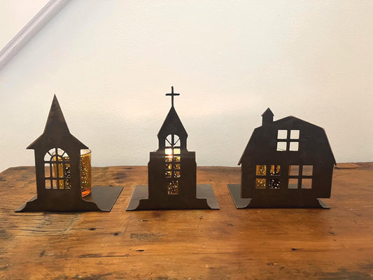 Christmas Village Metal Holiday Decor. Christmas Table Decor. 9" Tall, Candles Not Included. Can be Purchased Individually or as a Set