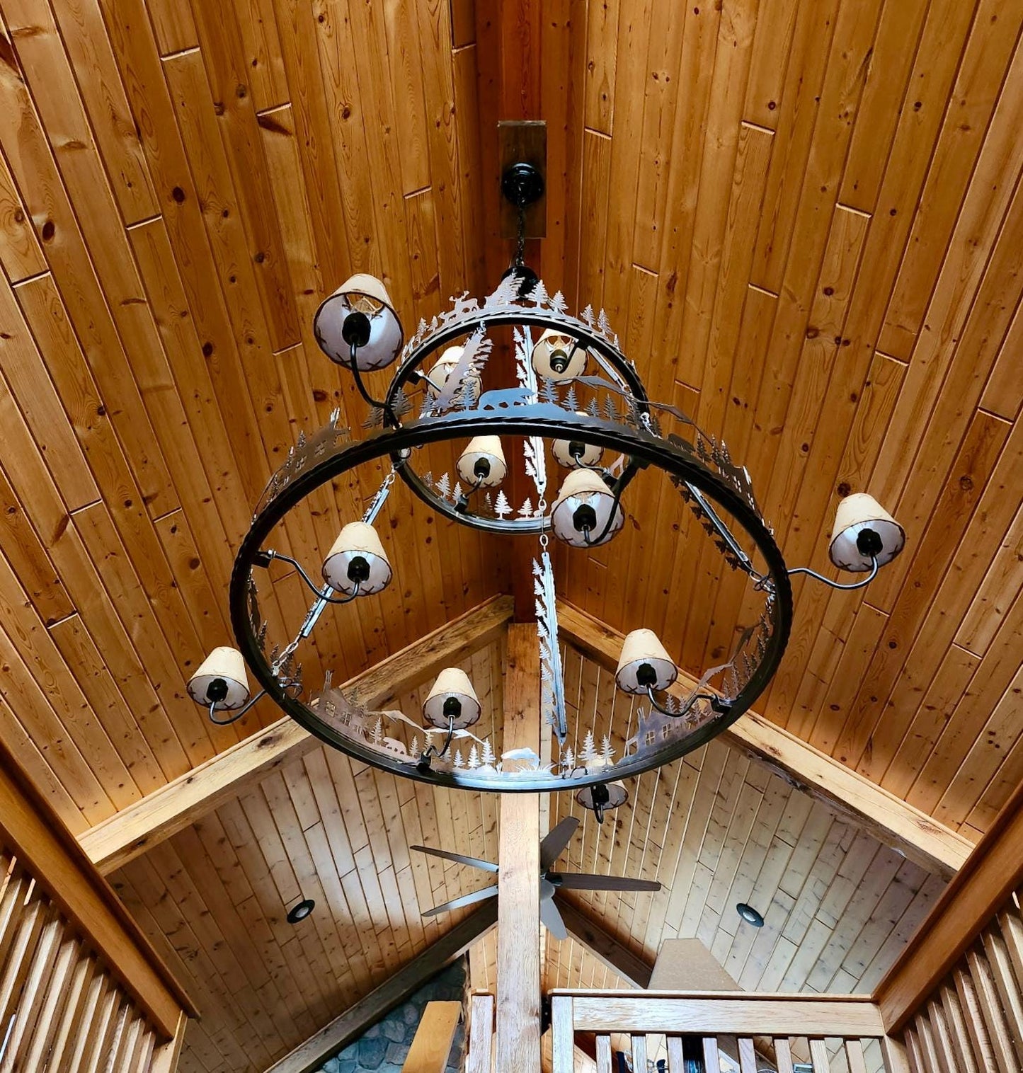 Extra Large Handmade Tiered Chandelier 60 inch Base Metal Ring Lighting scenes of Elk, Deer, Moose, and Bear or Western Cowboy and Cattle