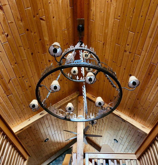 Extra Large Handmade Tiered Chandelier 60 inch Base Metal Ring Lighting scenes of Elk, Deer, Moose, and Bear or Western Cowboy and Cattle