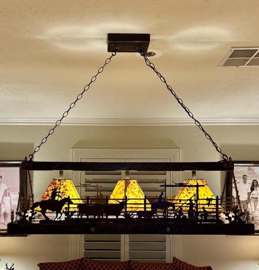 Chandelier Corral Rectangle Light Rustic Western Pendant Sheepskin Shades Handmade Cowboy Chandelier Cattle Farm Light
