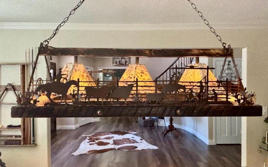 Western Chandelier Handmade with Reclaimed Barn Wood, Sheepskin Shades, Corral Scene Handmade in the USA. Rectangle Cowboy Chandelier