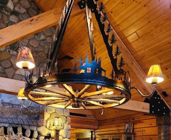 Wagon Wheel Chandelier Lodge Cabin Lighting Sheepskin Shades Handmade Metal Lighting Authentic Wagon Wheel Large Statement Chandelier