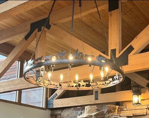 Large Western Chandelier: 60 Inch Handmade Metal Ring Lighting with Cowboy Cattle Drive Scene Sheepskin Shades Available but Not Pictured