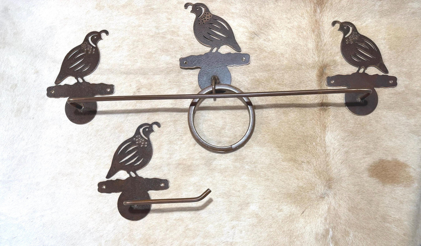 Handmade Quail Rustic Bathroom Hardware Set. Towel bar, Toilet Paper, Towel Ring