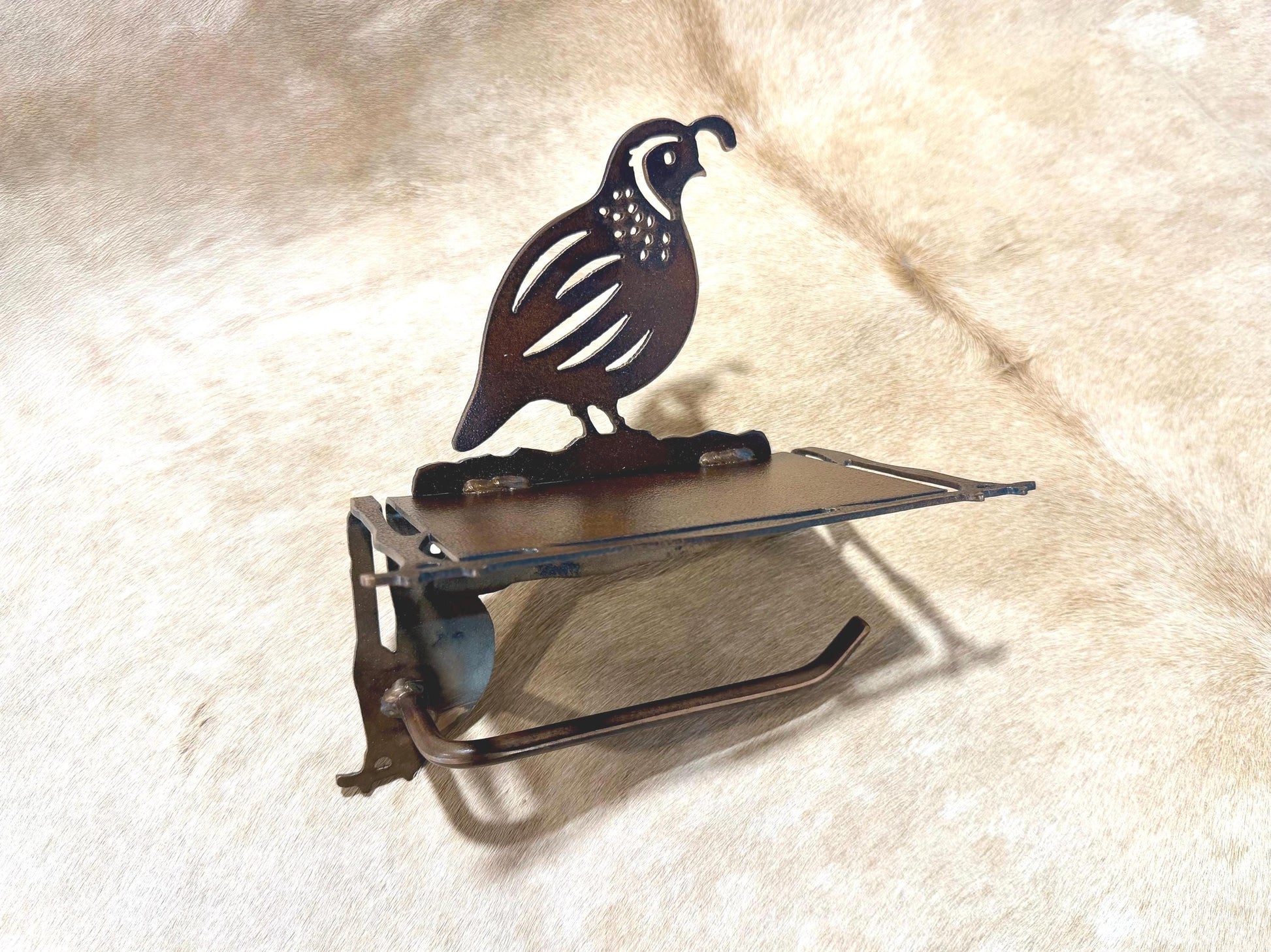 Quail Toilet Paper Holder with Shelf: Lodge Bath Decor Handmade Quail Bathroom Hardware