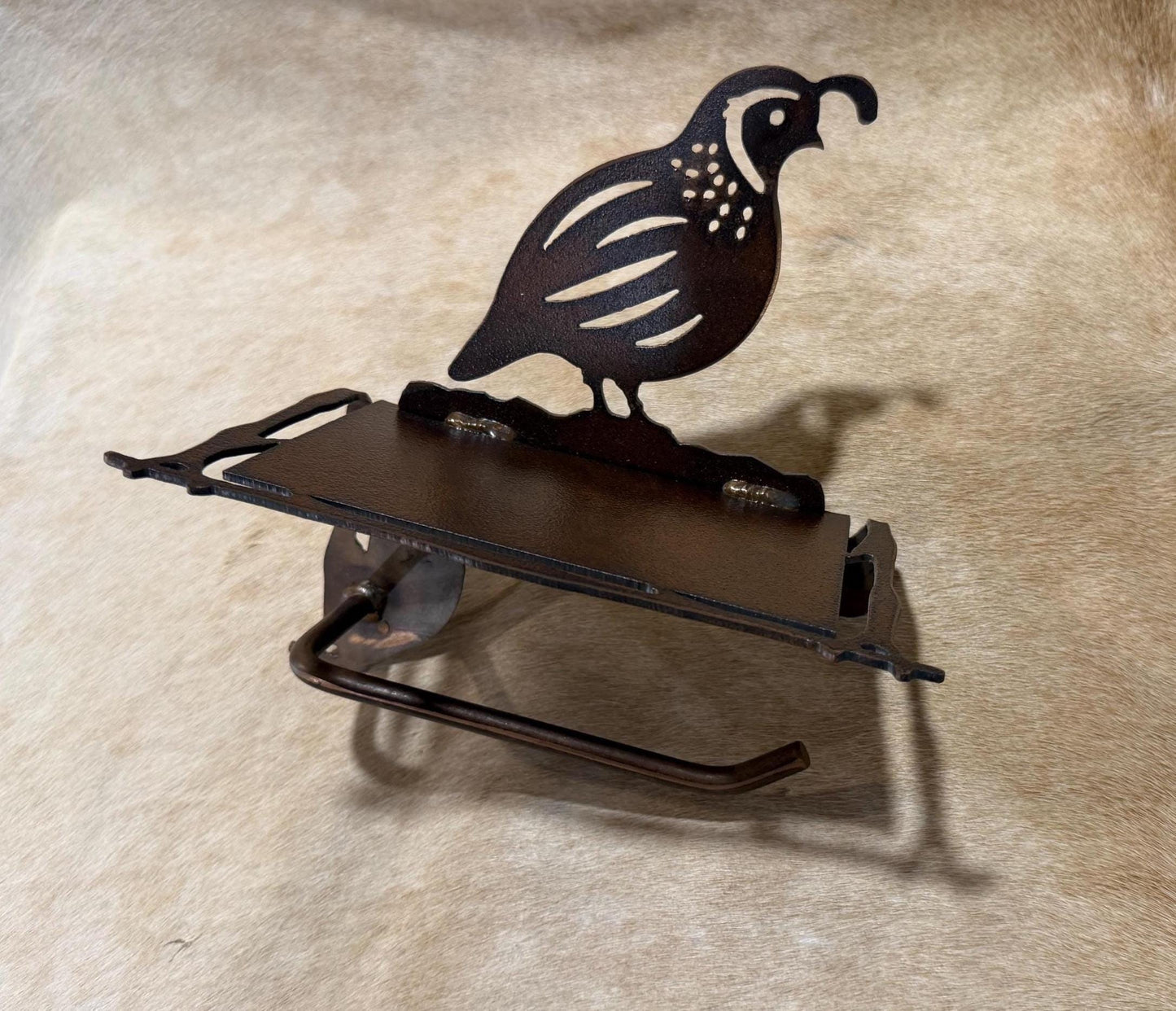 Quail Toilet Paper Holder with Shelf: Lodge Bath Decor Handmade Quail Bathroom Hardware