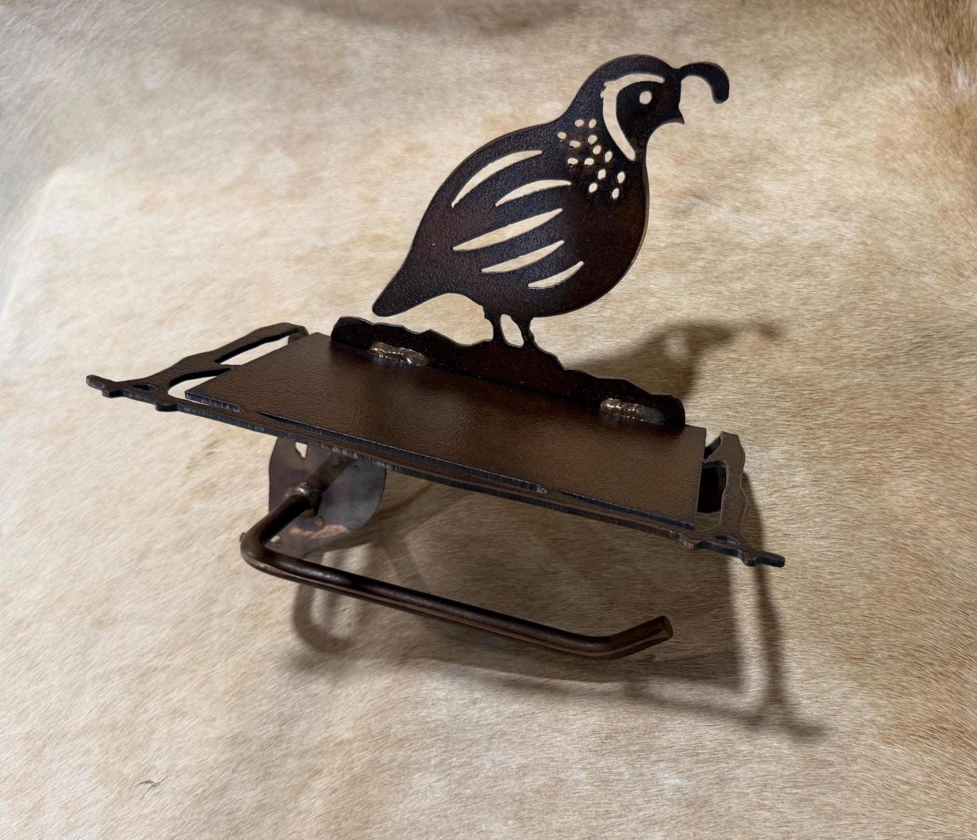 Quail Toilet Paper Holder with Shelf: Lodge Bath Decor Handmade Quail Bathroom Hardware