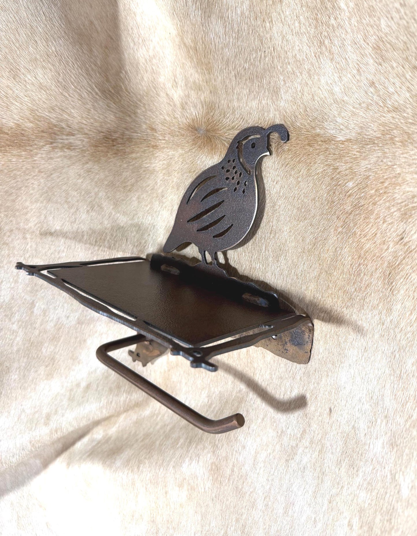 Quail Toilet Paper Holder with Shelf: Lodge Bath Decor Handmade Quail Bathroom Hardware