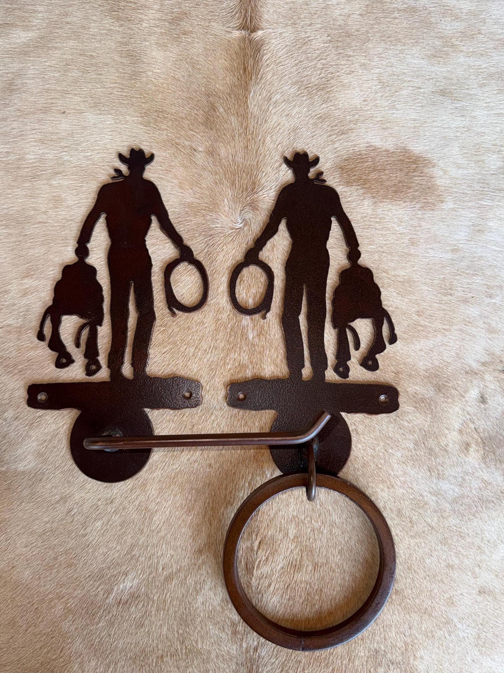 Handmade Cowboy with Saddle Bathroom Hardware Set. Cowboy Towel bar, Towel Ring, Toilet Paper Holder. Rustic Lodge Cowboy Decor