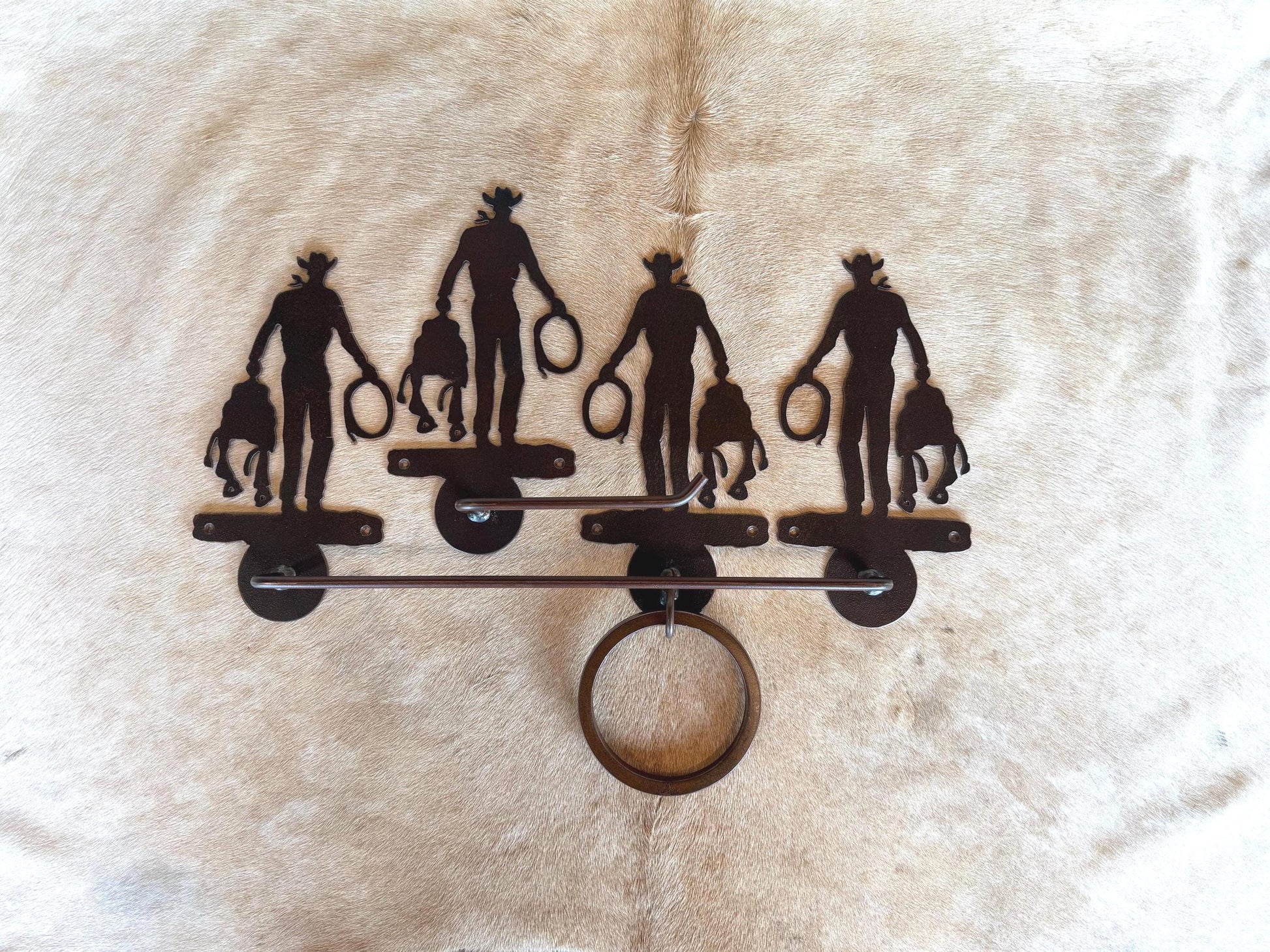 Handmade Cowboy with Saddle Bathroom Hardware Set. Cowboy Towel bar, Towel Ring, Toilet Paper Holder. Rustic Lodge Cowboy Decor