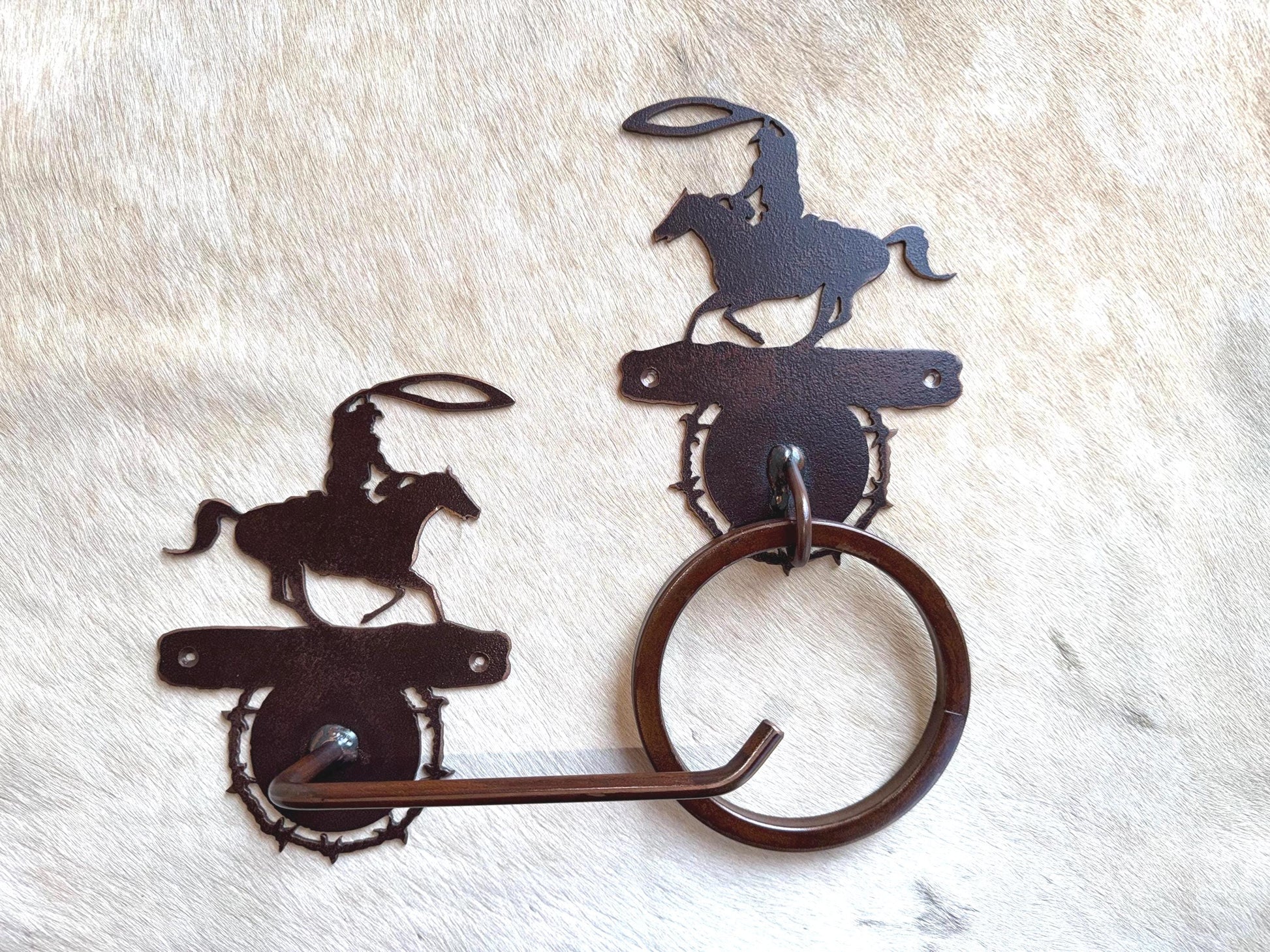 Roping Western Towel Bar Set: Cowboy Bathroom Decor Handmade Metal Towel bar, Towel Ring, Toilet Paper Holder with Barbwire Accent