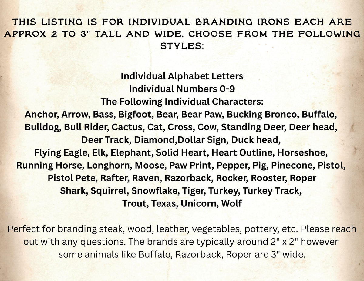 Branding Irons 2-3" wide. BUNDLE Set of Individual Brands. Handmade in the USA. Grill Tailgate Gift Select between A-Z, Numbers, Character