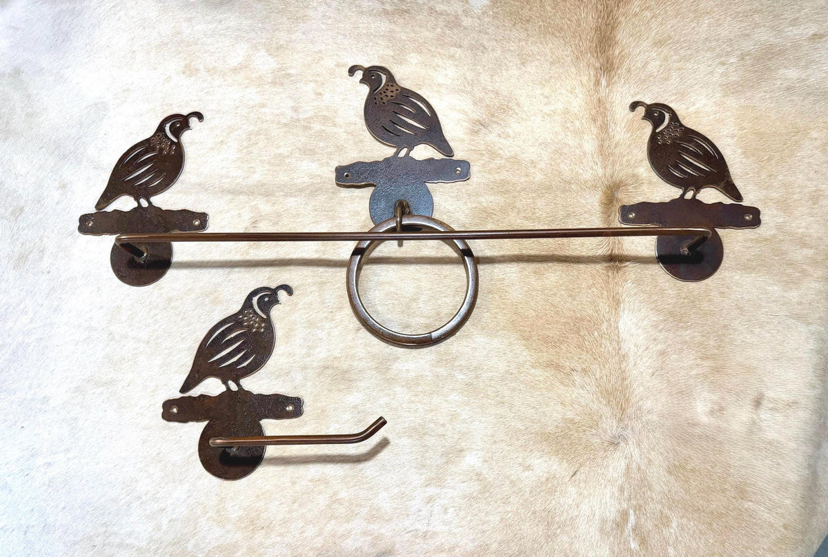 Handmade Quail Rustic Bathroom Hardware Set. Towel bar, Toilet Paper, Towel Ring