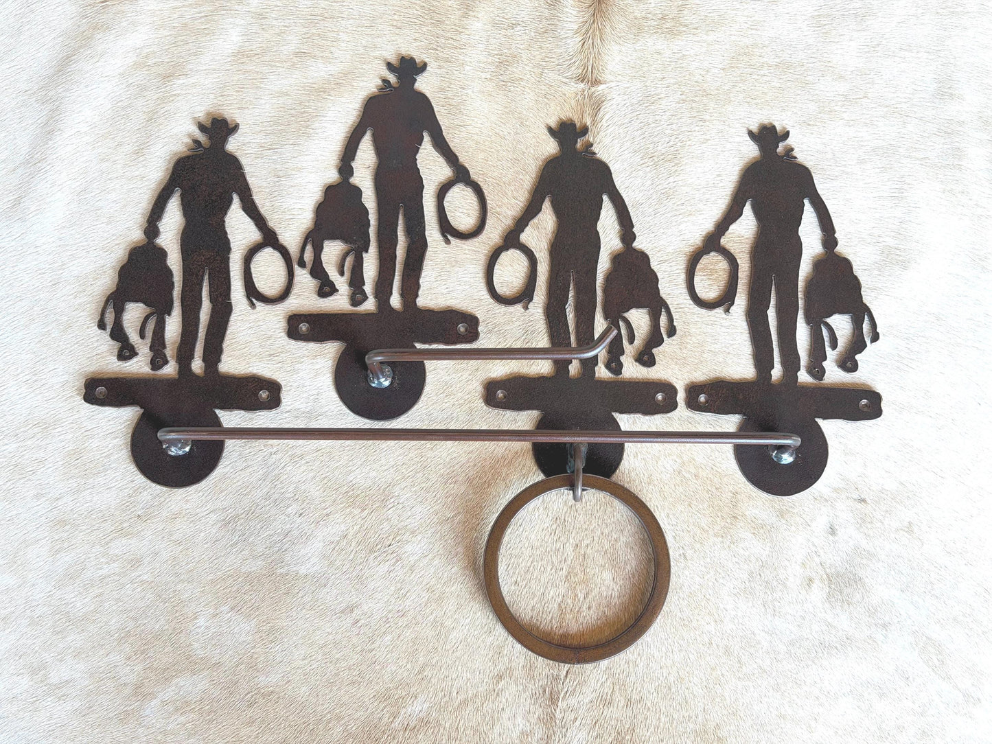 Handmade Cowboy with Saddle Bathroom Hardware Set. Cowboy Towel bar, Towel Ring, Toilet Paper Holder. Rustic Lodge Cowboy Decor
