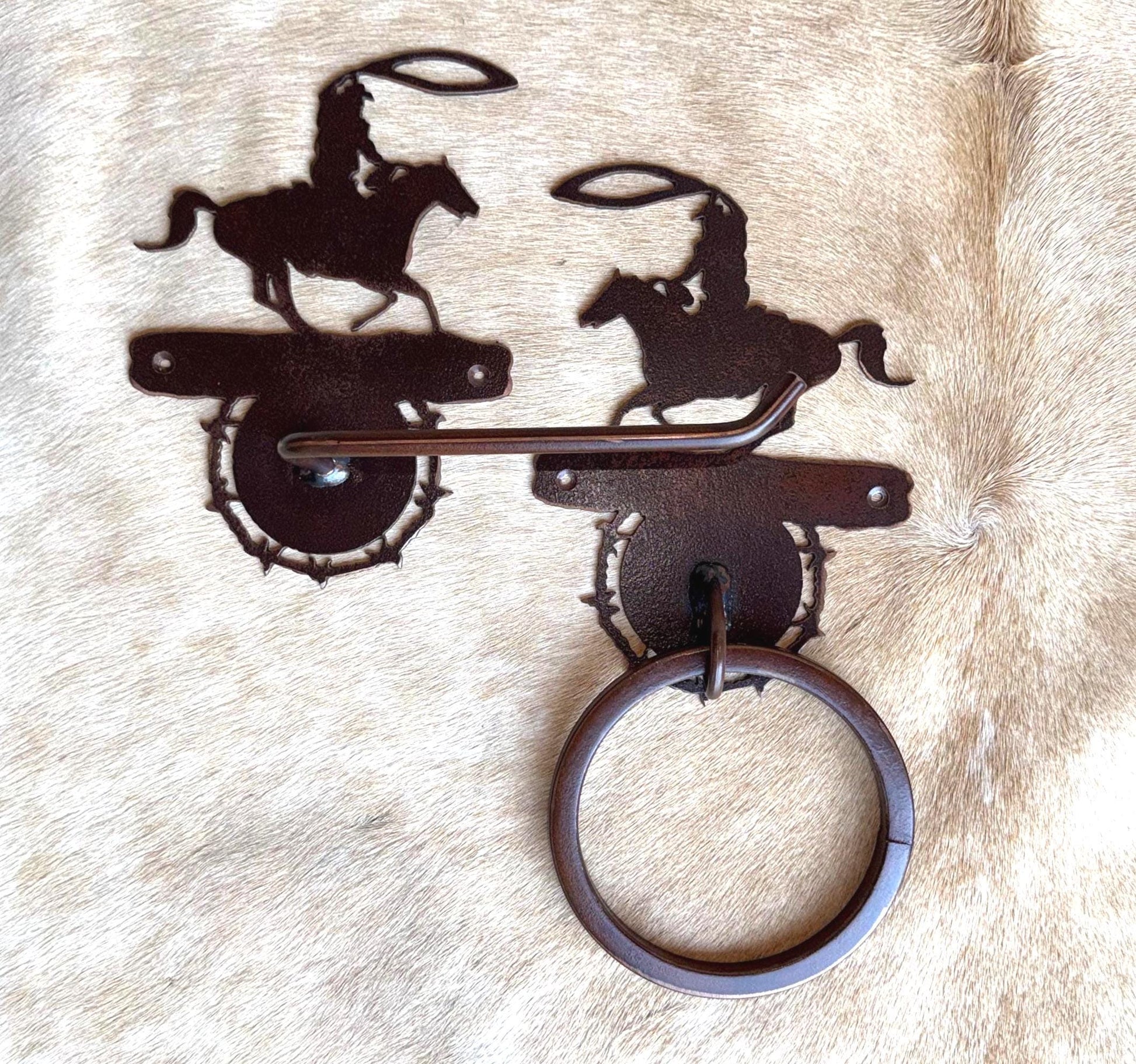Roping Western Towel Bar Set: Cowboy Bathroom Decor Handmade Metal Towel bar, Towel Ring, Toilet Paper Holder with Barbwire Accent
