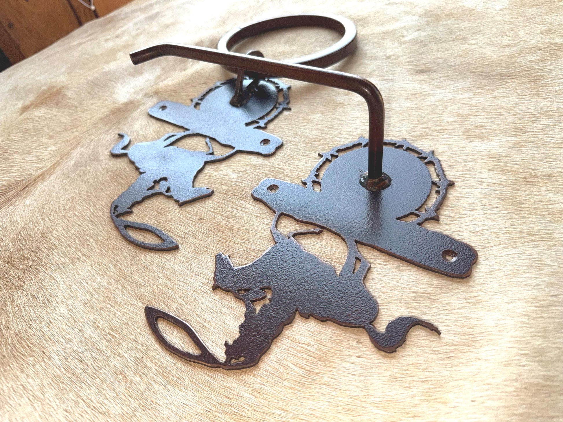 Roping Western Towel Bar Set: Cowboy Bathroom Decor Handmade Metal Towel bar, Towel Ring, Toilet Paper Holder with Barbwire Accent