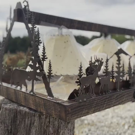 Rustic Chandelier with Sheepskin Shades, Elk Moose Bear Deer Cabin Art Handmade Metal and Barnwood Frame Custom Rectangle Rustic Light