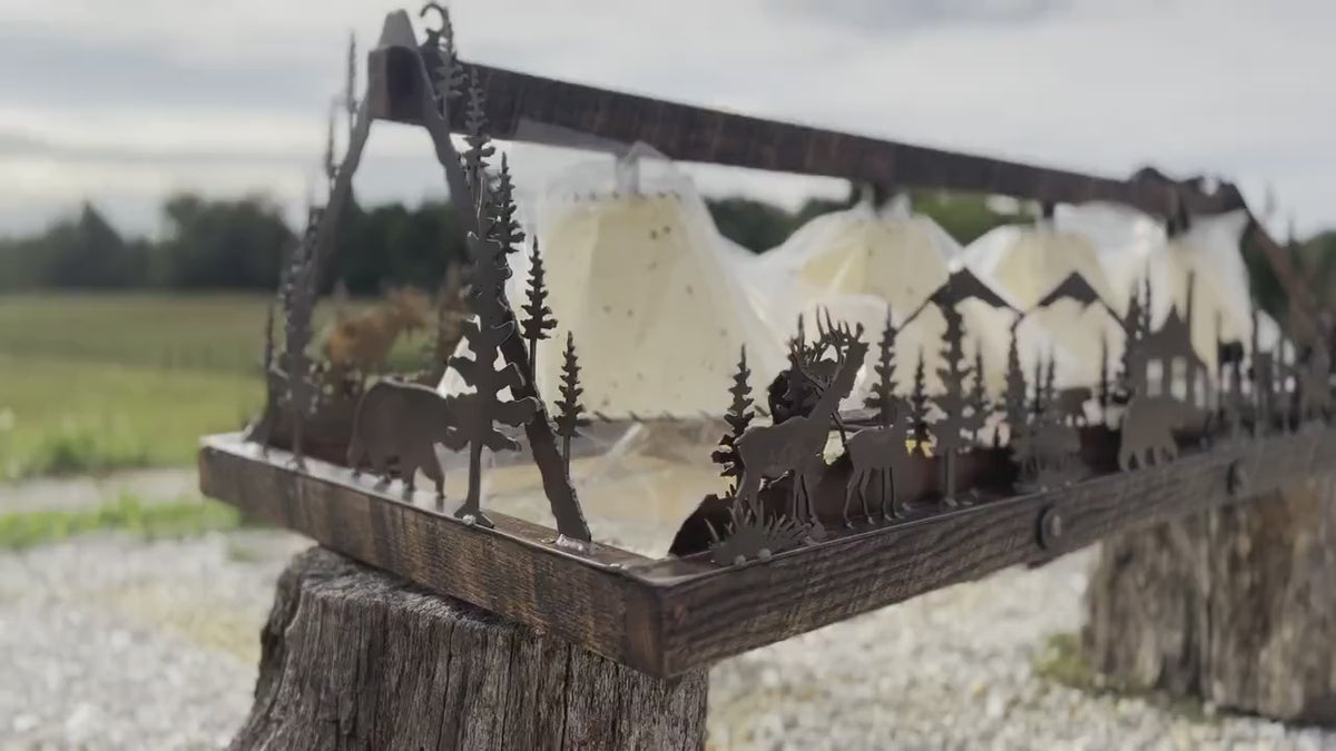 Rustic Chandelier with Sheepskin Shades, Elk Moose Bear Deer Cabin Art Handmade Metal and Barnwood Frame Custom Rectangle Rustic Light