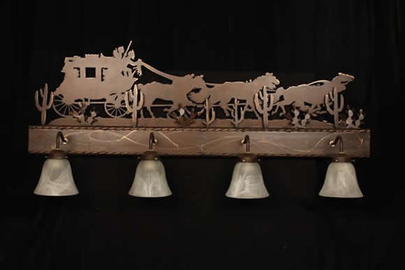 Bathroom Vanity Light featuring Stagecoach ChuckWagon, horses, cactus.