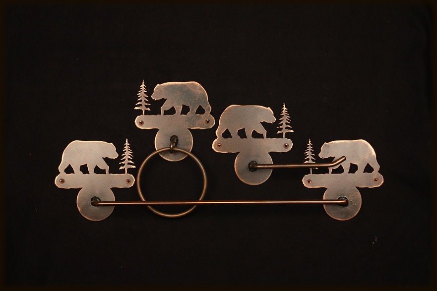 Towel Bar Set Bear Rustic Lodge Bath Decor Bear Gift Hunters Den Bear Lakehouse Gift Towel Bar Towel Ring TP Holder Bear Metal Handmade Gift