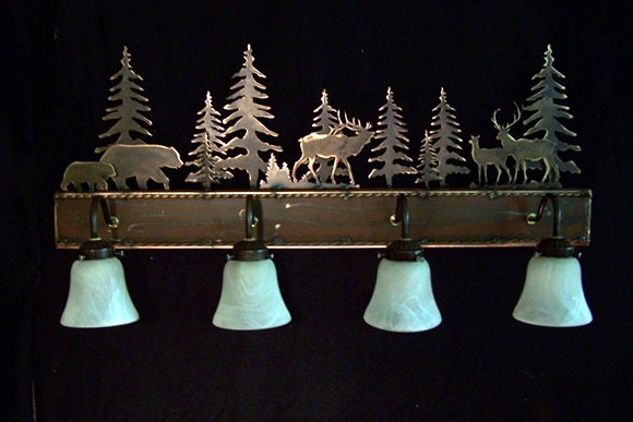 Bear Elk and Deer In the Pines bronze bathroom vanity Light