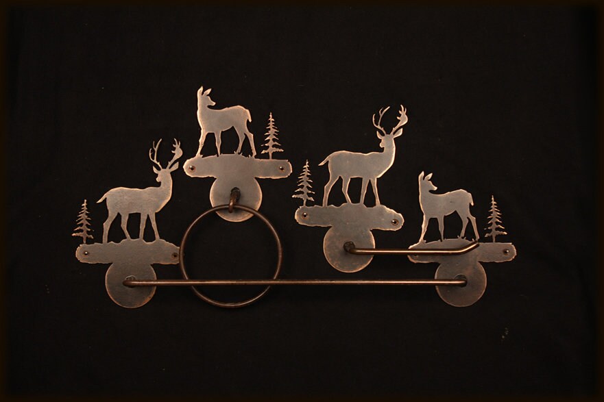 Towel Bar Set Deer Rustic Buck Doe Bath Hardware Lakehouse Lodge bath Handmade Metal Deer Decor Gift Hunters Cabin Gift TP Holder Towel Ring