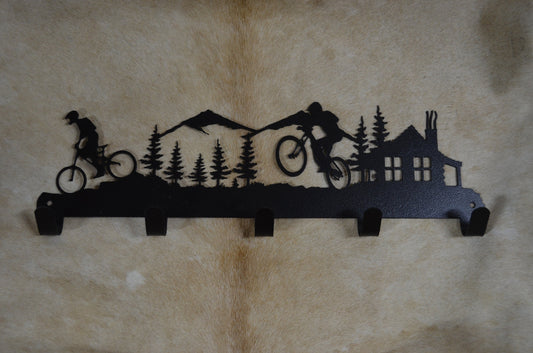 Bike 5 Hook Wall Hook with cabin. Rustic Lodge Decor. Metal Wall Mounted Hooks. Towel Robe Hanger. Entryway Laundry Hooks.