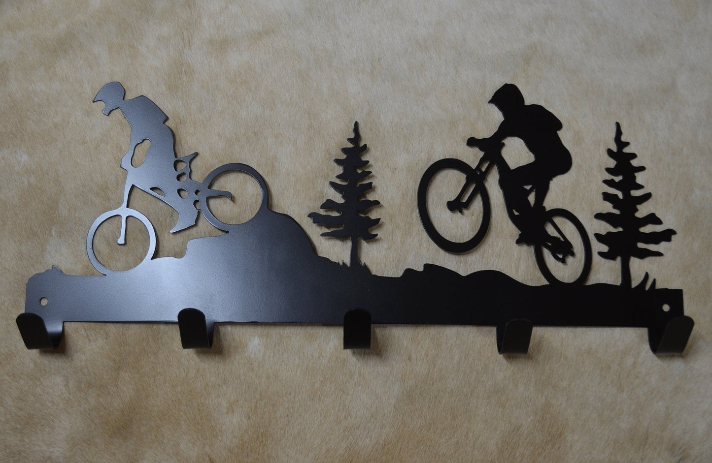 Bicycle Wall Hook. Rustic Lodge Decor. Metal Wall Mounted Hooks. Towel Robe Hanger. Entryway Laundry Hooks. Pine Cedar Accent.