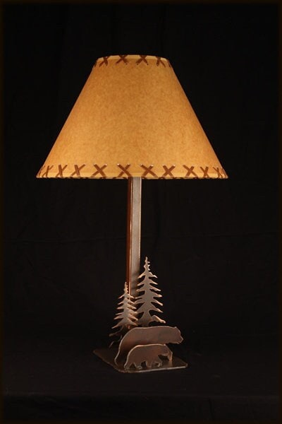 Metal Table lamp with 2 Pine Trees and two bears.