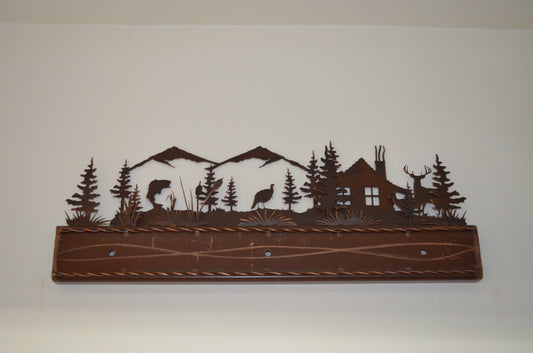 Bronze Bathroom Vanity Light featuring Bass Turkey and Deer with mountain lodge scene.