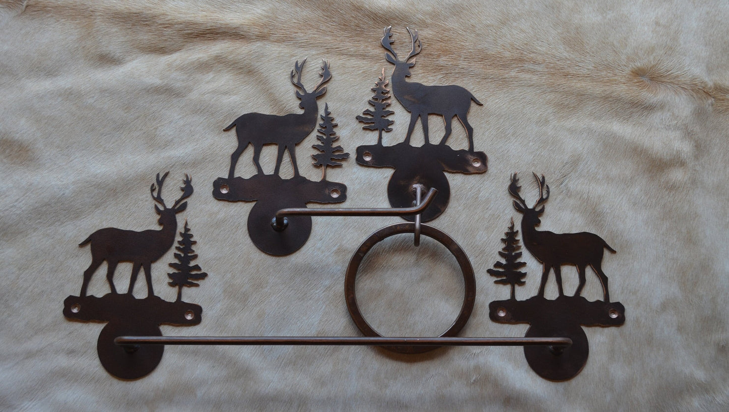 Towel Bar Set Deer Rustic Buck Doe Bath Hardware Lakehouse Lodge bath Handmade Metal Deer Decor Gift Hunters Cabin Gift TP Holder Towel Ring