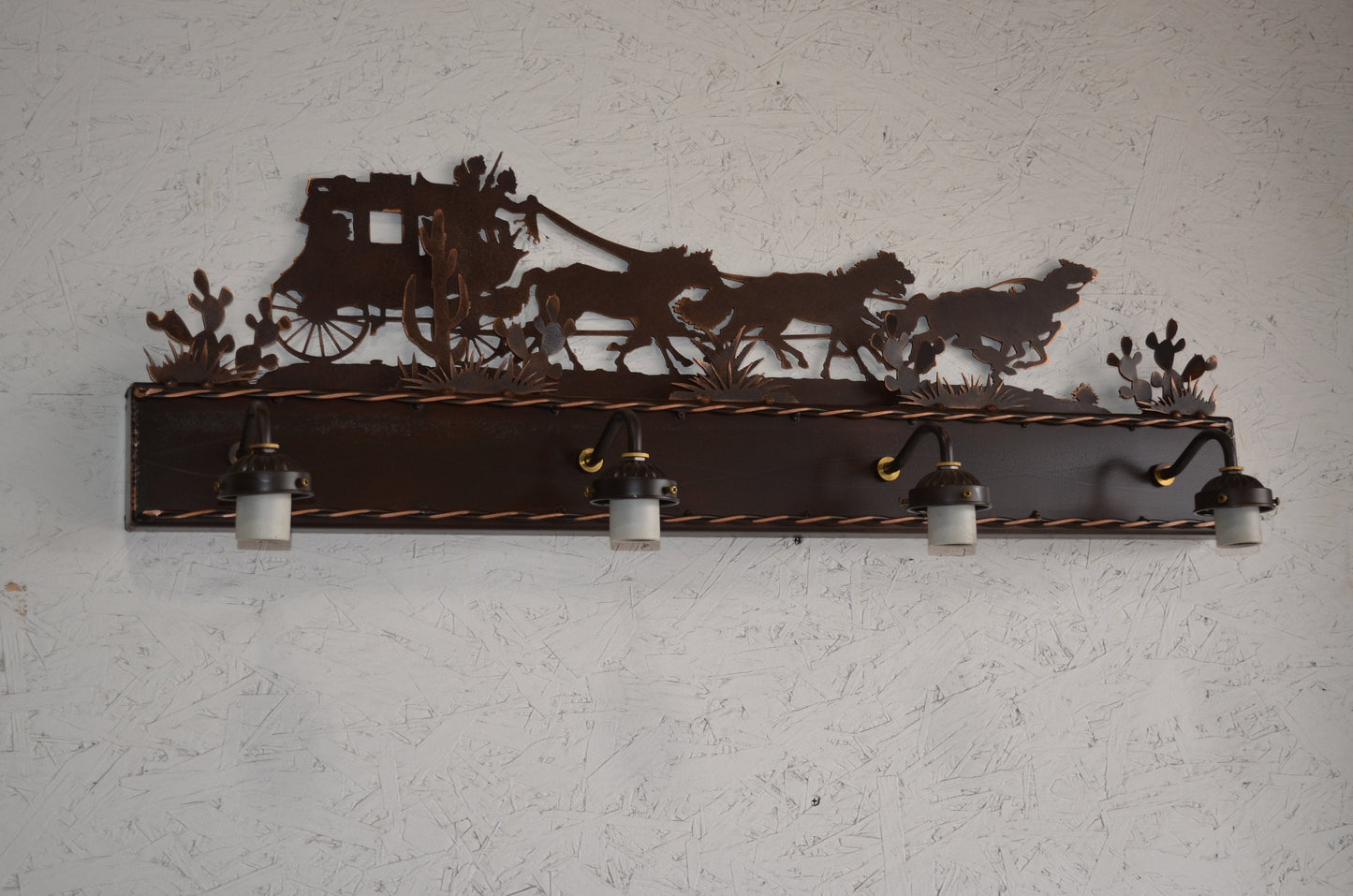 Rustic Western Vanity Light with stagecoach and Horse scene.